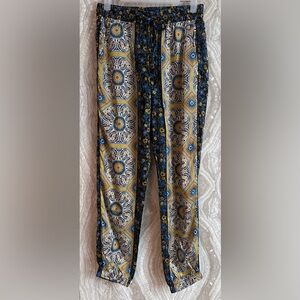 JOHNNY WAS womens XS silk Jogger PANTS elastic Drawstring Waistband Yellow Blue
